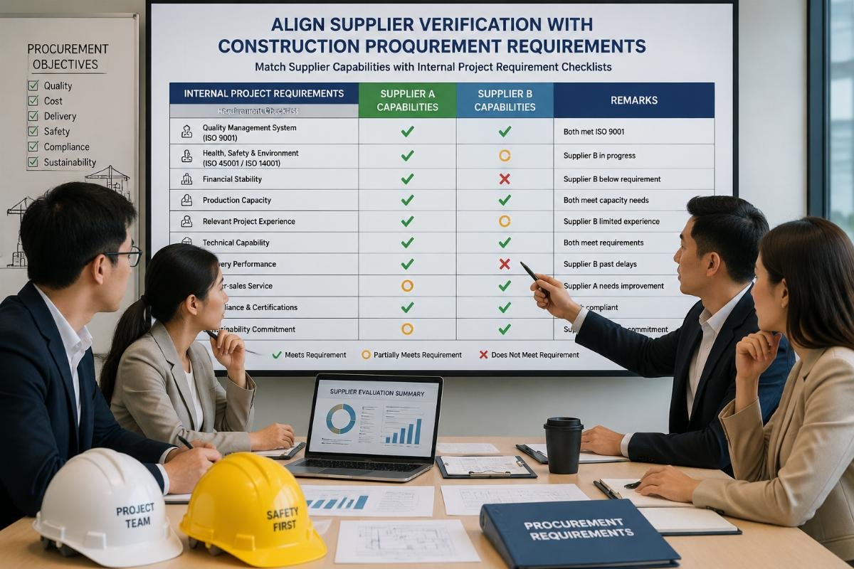 A procurement team reviewing a match between supplier capabilities and internal project requirement checklists