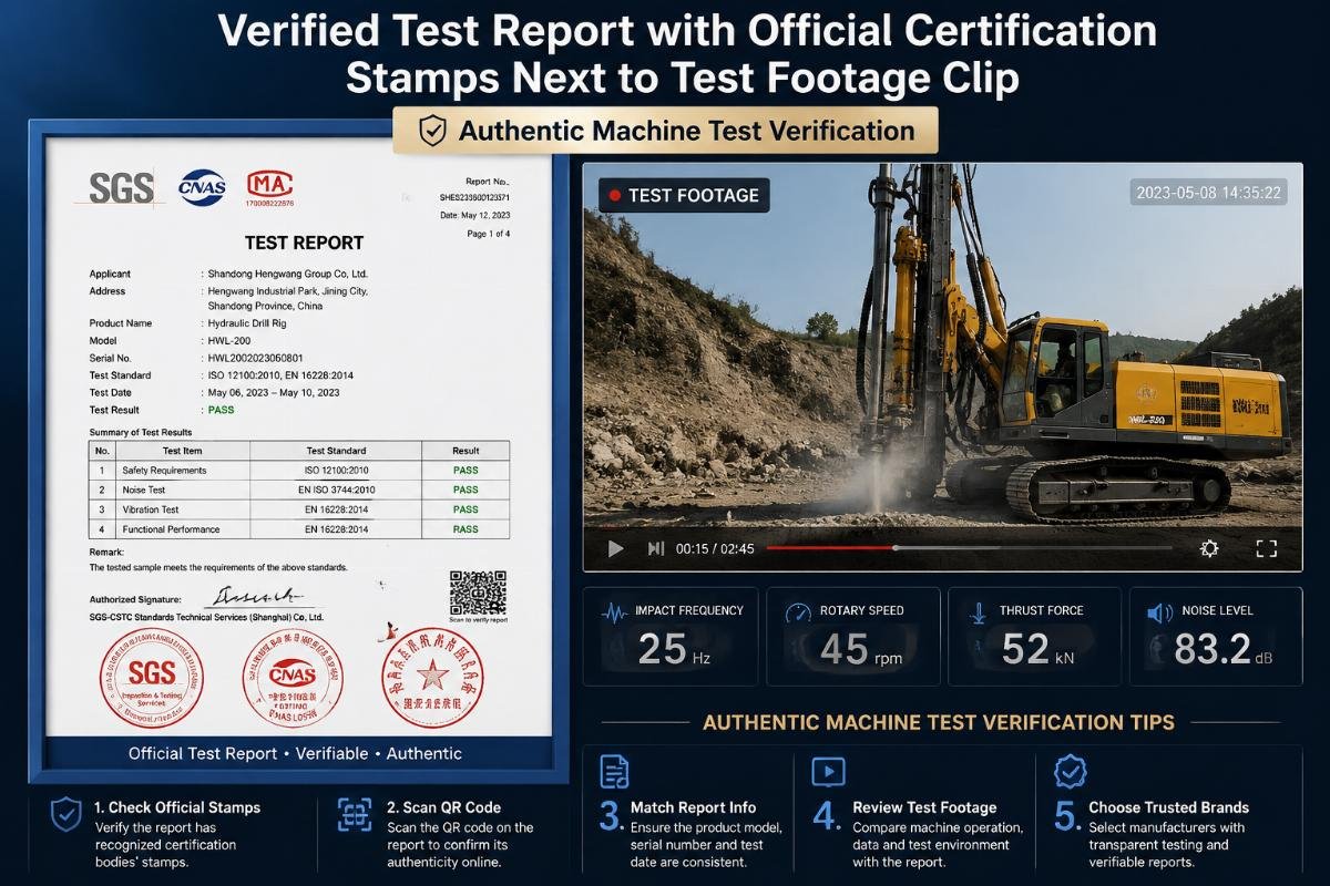 Verified test report with official certification stamps next to a test footage clip