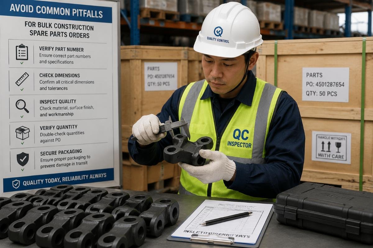 A quality control inspector checking a batch of spare parts before shipment
