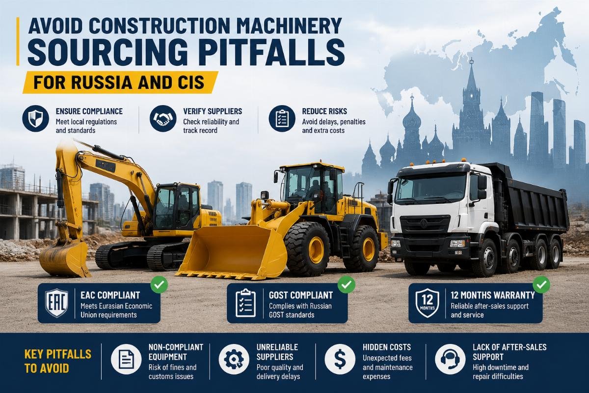 Avoid construction machinery sourcing pitfalls for Russia and CIS Three construction machinery units lined up, labeled with compliance and warranty markers