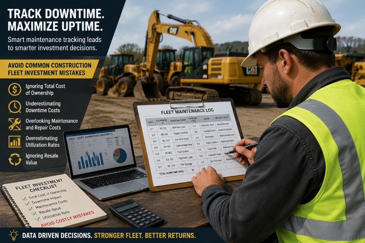 Avoiding common construction fleet investment calculation mistakes Construction equipment operator reviewing a fleet maintenance log to track downtime events