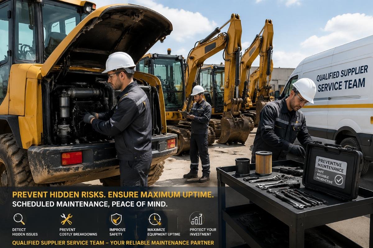 Qualified supplier service team performing scheduled maintenance on a fleet of construction vehicles