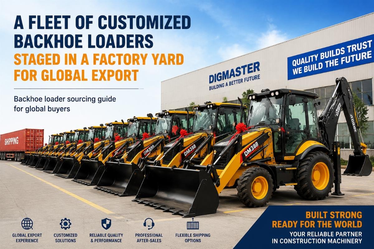 A fleet of customized backhoe loaders staged in a factory yard for global export