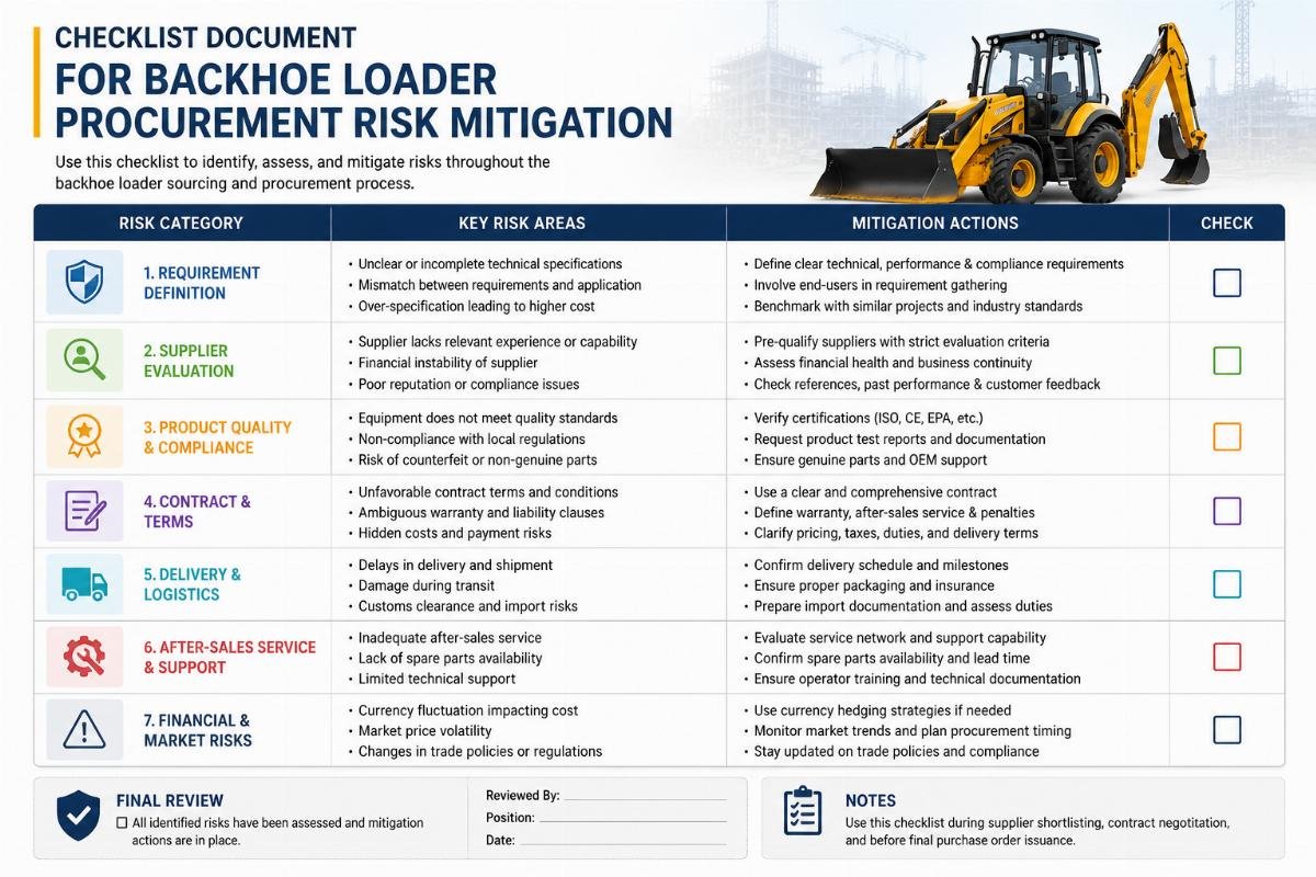 Checklist document for backhoe loader procurement risk mitigation
