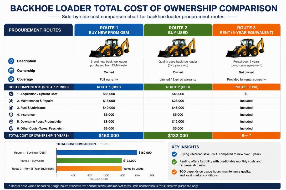 Side-by-side cost comparison chart for backhoe loader procurement routes
