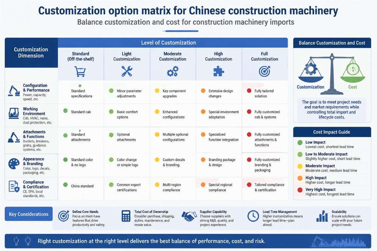 Balance customization and cost for construction machinery imports Customization option matrix for Chinese construction machinery