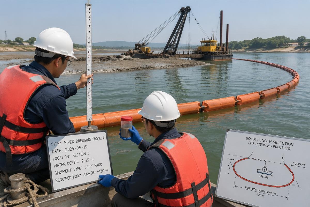 boom length selection for dredging projects Workers measuring water depth and sediment type at a river dredging site to confirm required boom length