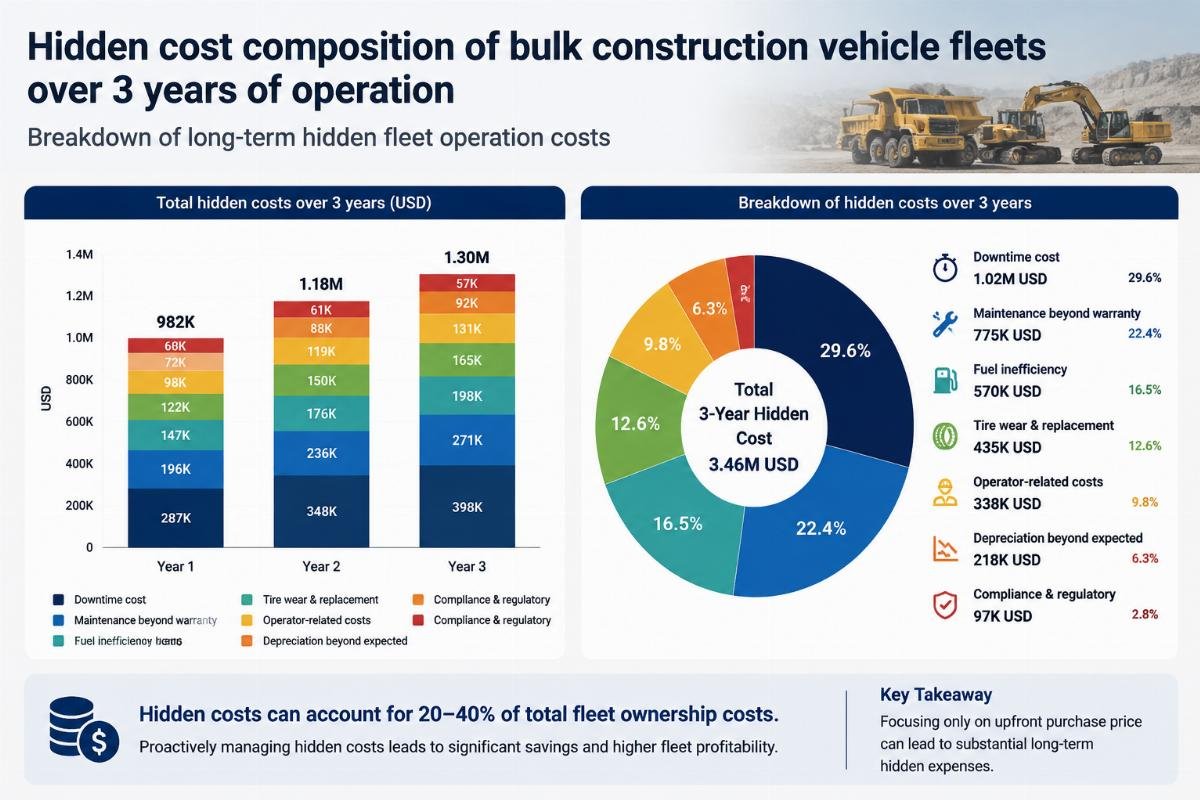Hidden cost composition of bulk construction vehicle fleets over 3 years of operation