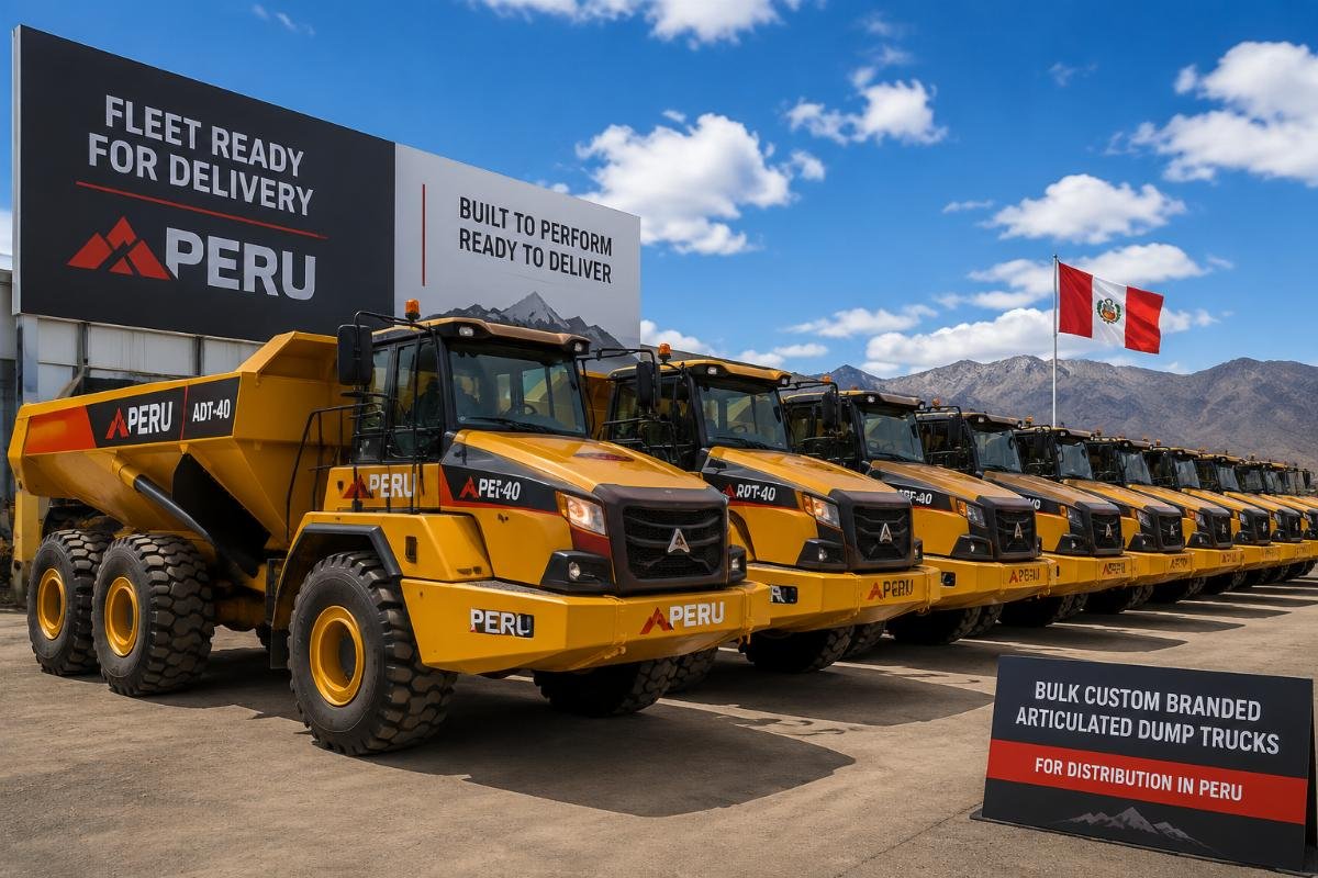 Bulk custom branded articulated dump trucks for distribution Fleet of branded articulated dump trucks ready for delivery in Peru