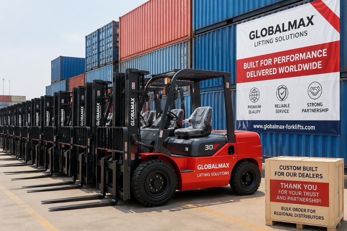 Forklift units prepared for bulk shipment with custom dealer branding