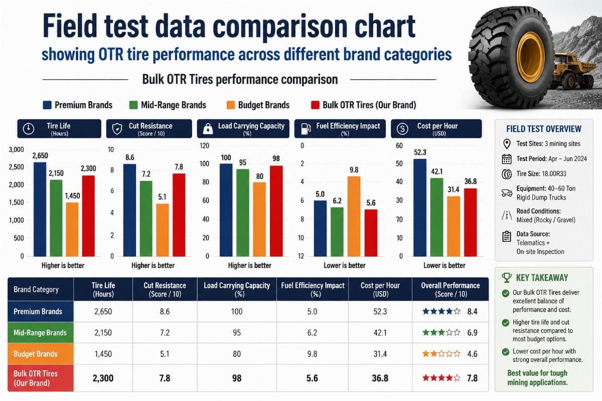 Field test data comparison chart showing OTR tire performance across different brand categories