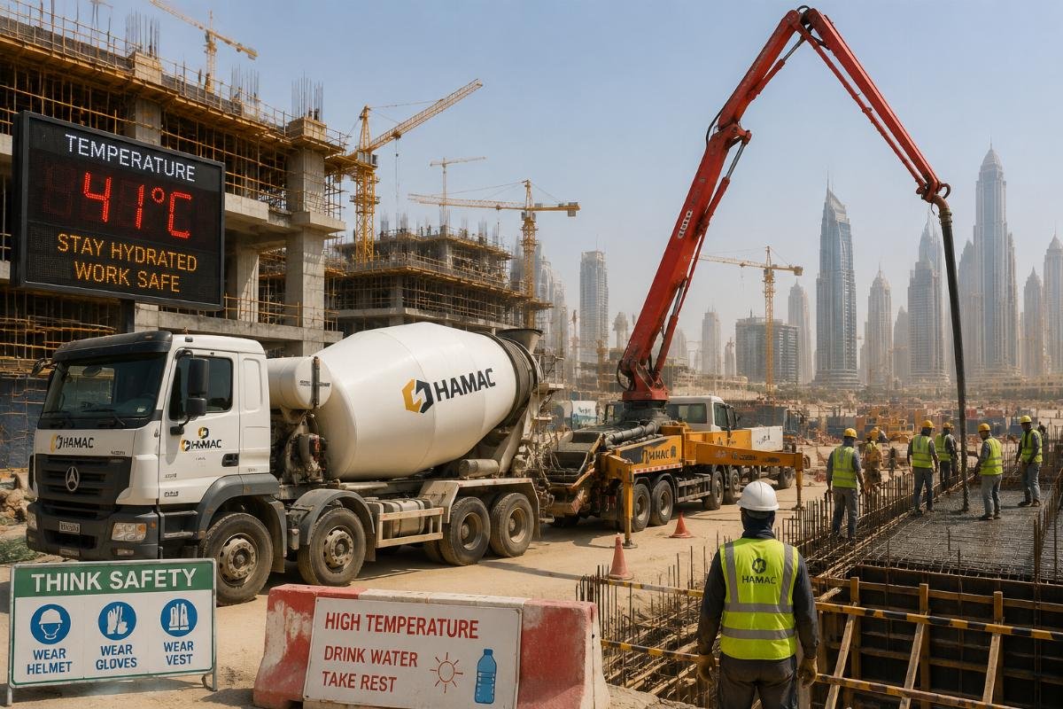 Concrete mixer trucks and pumps operating on a high-heat Middle East construction site