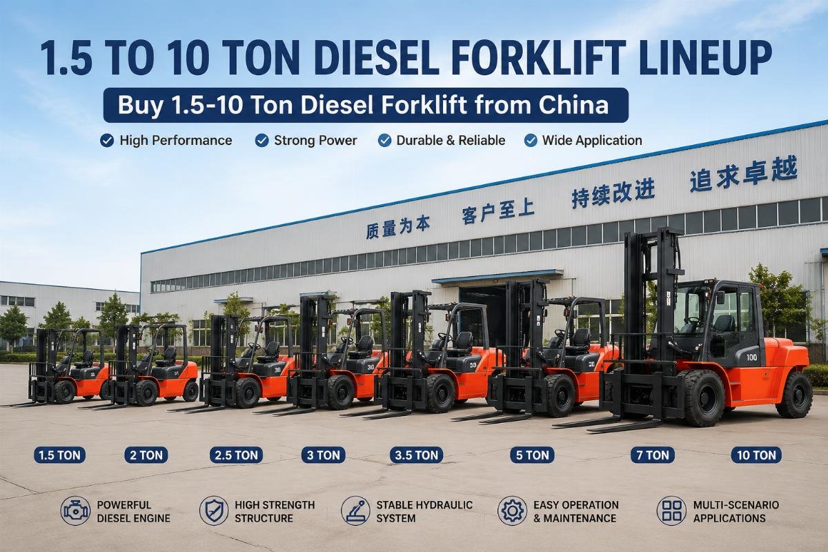 1.5 to 10 ton diesel forklift lineup staged at a Chinese manufacturing facility