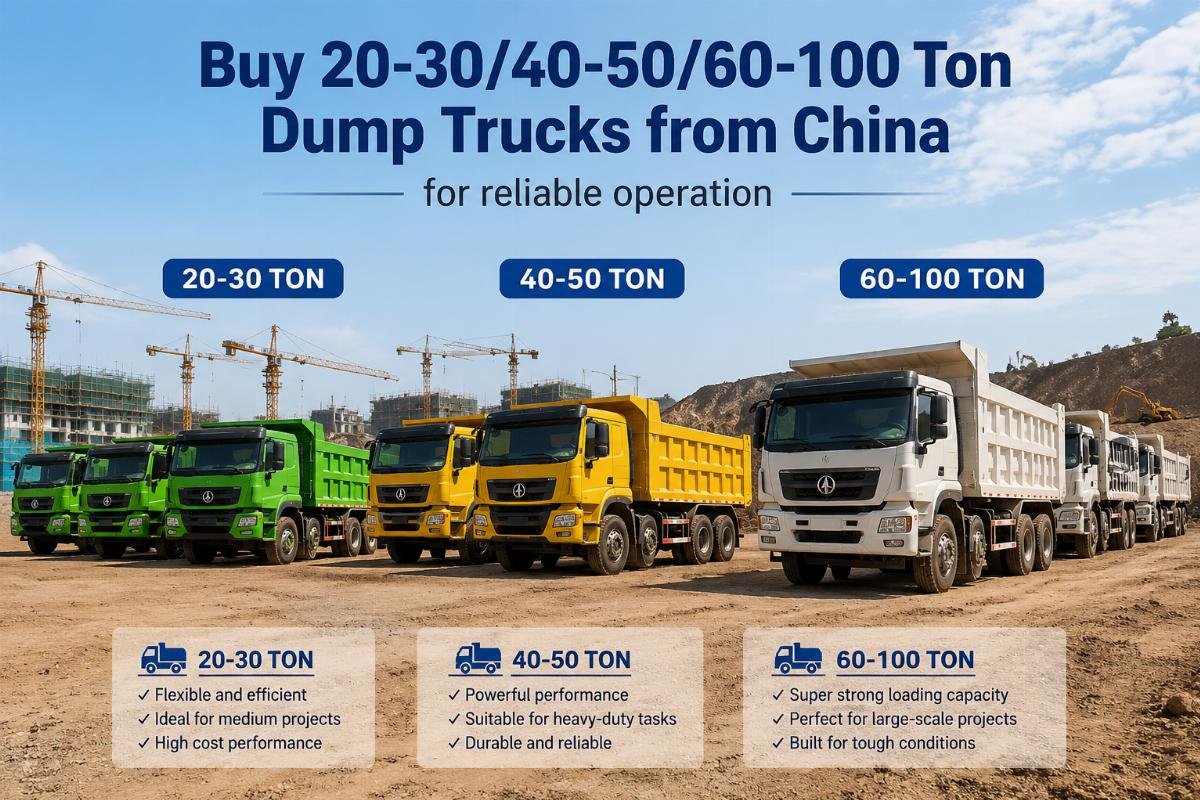 A fleet of 20-30, 40-50 and 60-100 ton dump trucks parked at a construction site