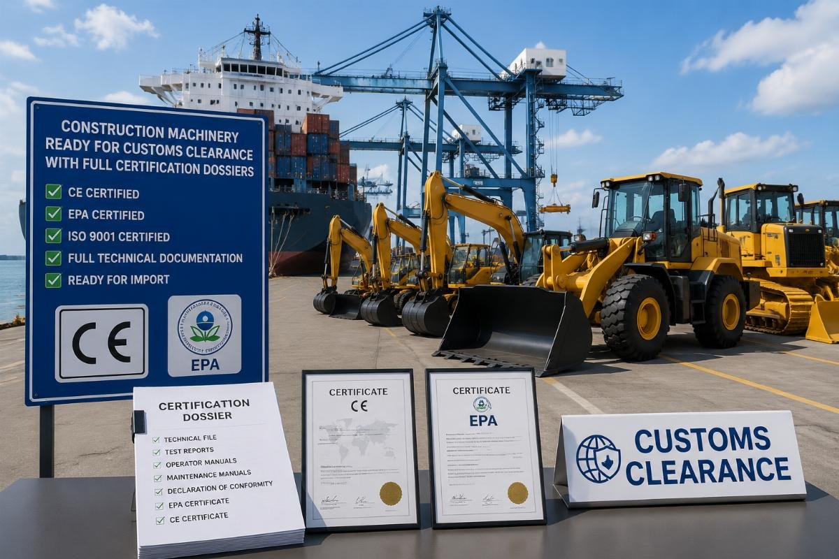 Construction machinery staged at a port ready for customs clearance with full certification dossiers
