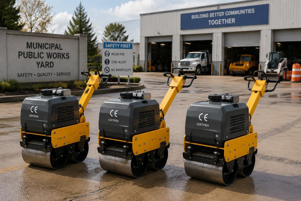 Three certified mini walk-behind rollers staged at a municipal public works yard