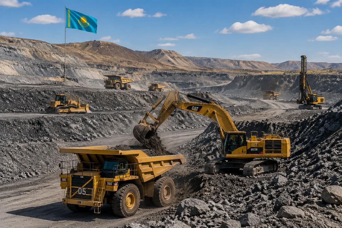 Construction equipment fleet operating at a Kazakhstan open-pit mine site