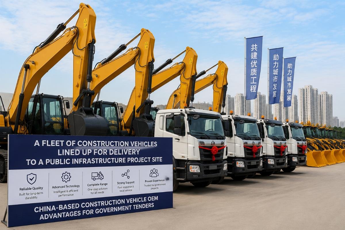 China-based construction vehicle OEM advantages for government tenders A fleet of construction vehicles lined up for delivery to a public infrastructure project site
