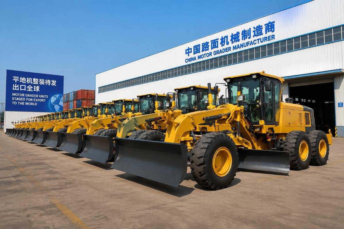 Motor grader units staged for export at a Chinese manufacturing facility