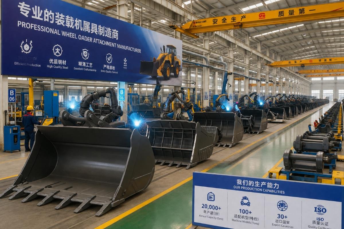 Factory production line for heavy duty wheel loader attachments at a Chinese manufacturing facility