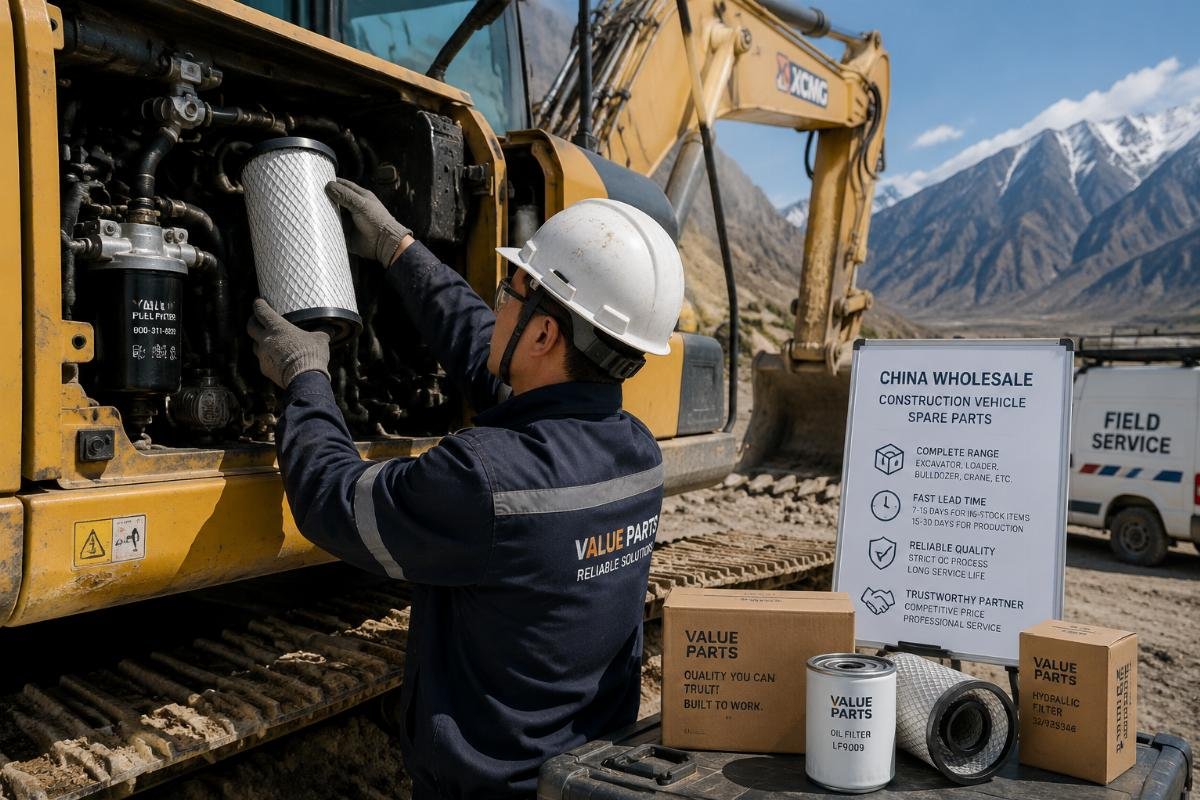 A field engineer replacing a filter on a construction excavator at a remote job site