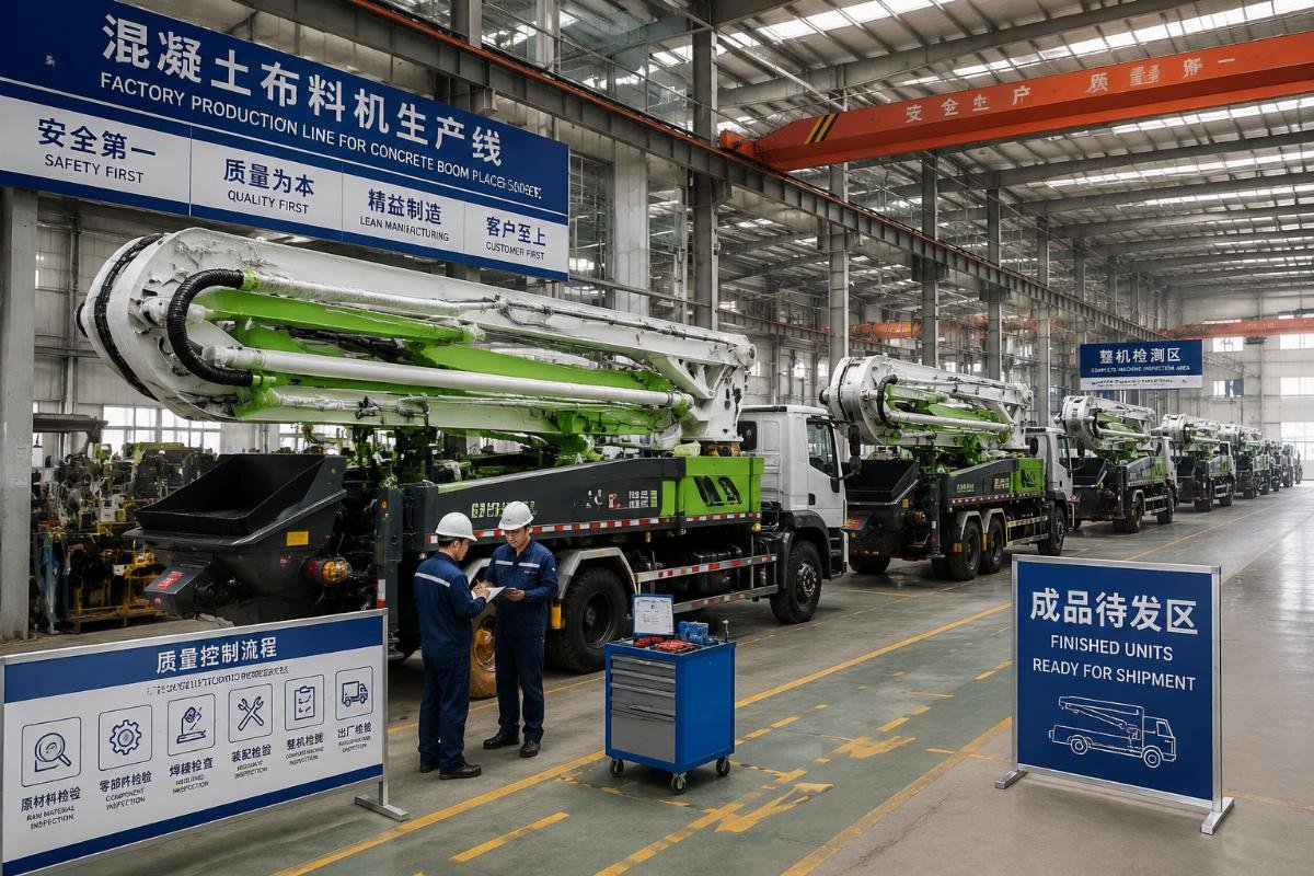 Chinese concrete boom placer manufacturing facility with quality control checks Factory production line for concrete boom placers, with finished units ready for shipment