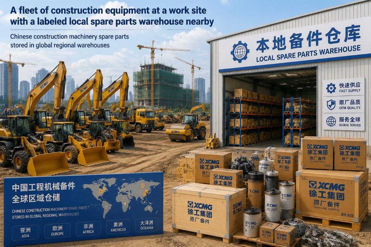 Chinese construction machinery spare parts stored in global regional warehouses A fleet of construction equipment at a work site with a labeled local spare parts warehouse nearby