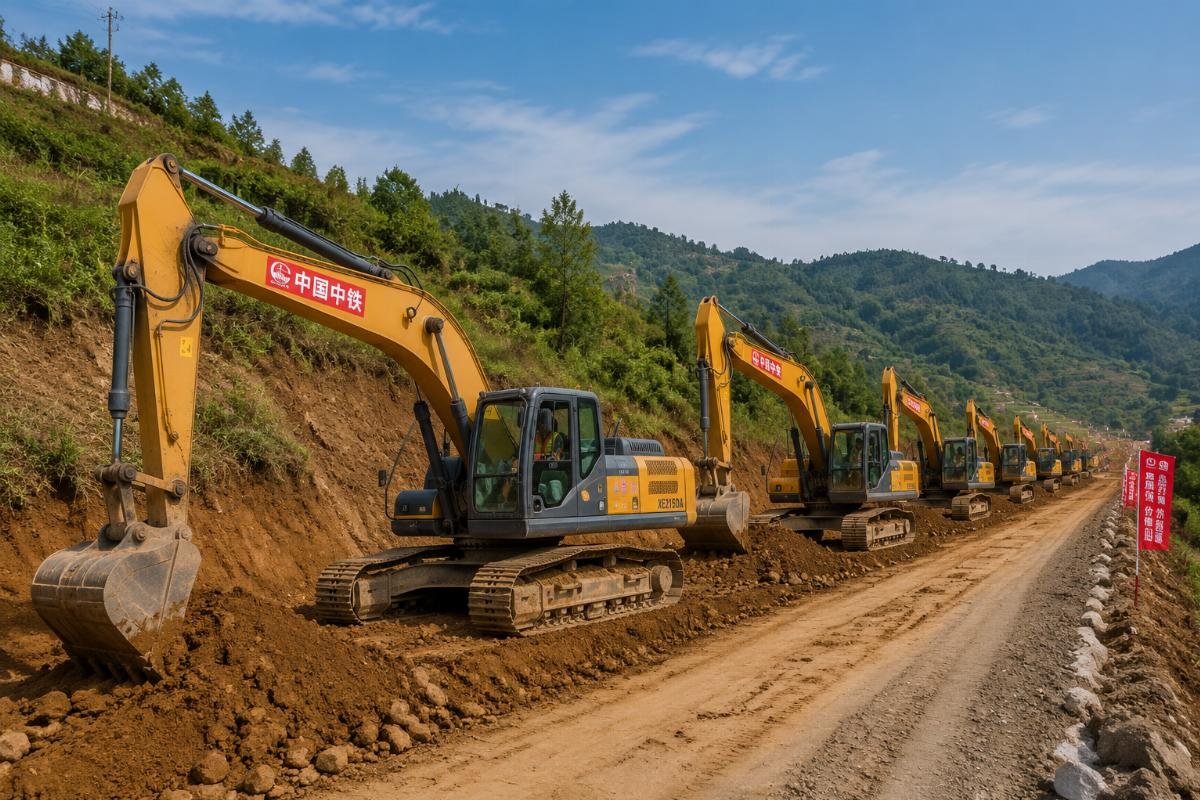 20-ton crawler excavator fleet deployed on a rural road grading worksite