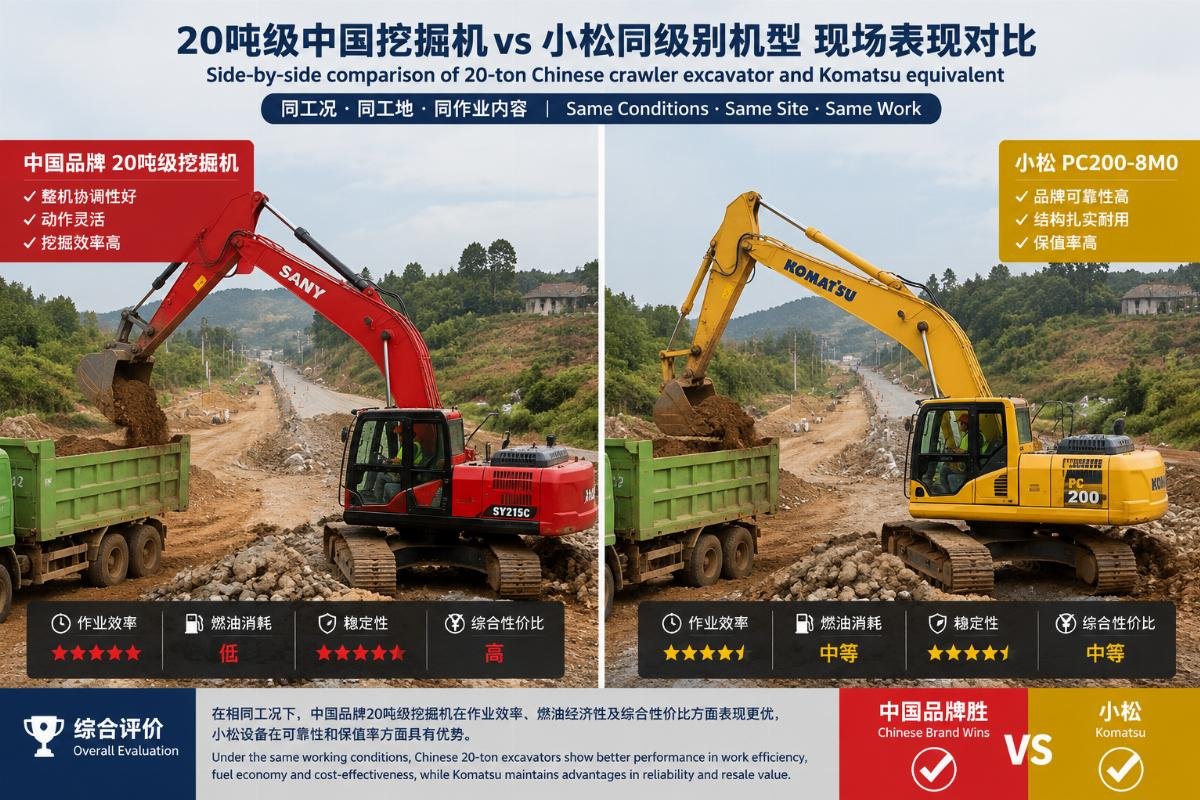 Side-by-side comparison of a 20-ton Chinese crawler excavator and a Komatsu equivalent working on a rural road construction site