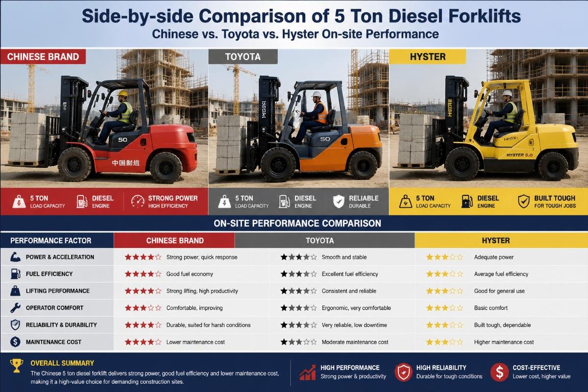 Side-by-side comparison of 5 ton diesel forklifts from Chinese, Toyota and Hyster brands on a construction site