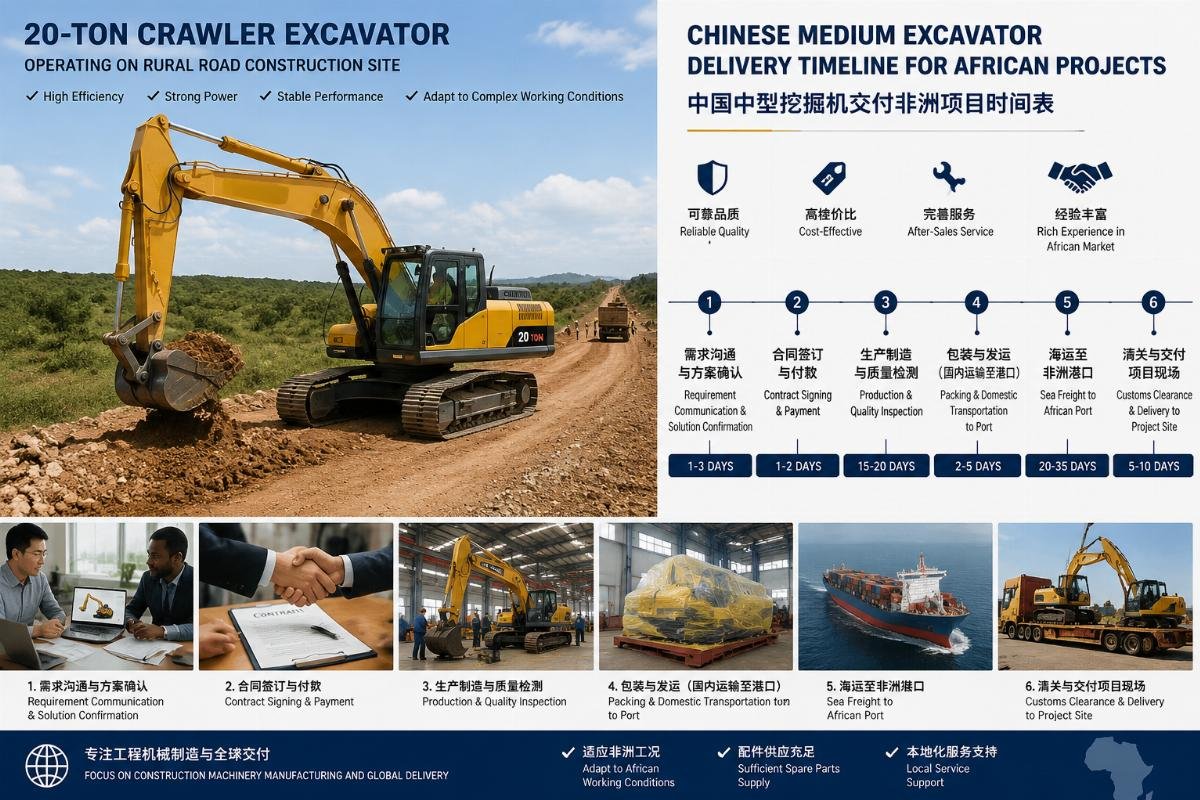 20-ton crawler excavator operating on rural road construction site