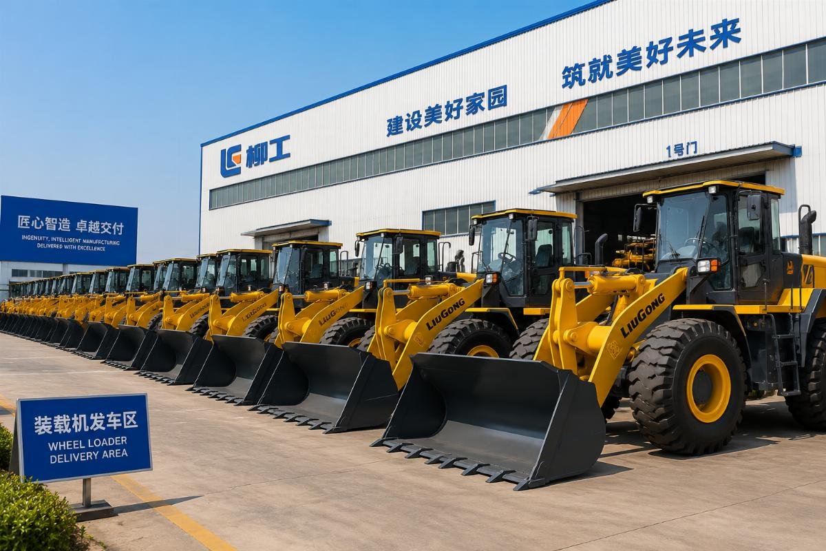 A fleet of wheel loaders lined up at a supplier production facility ready for delivery