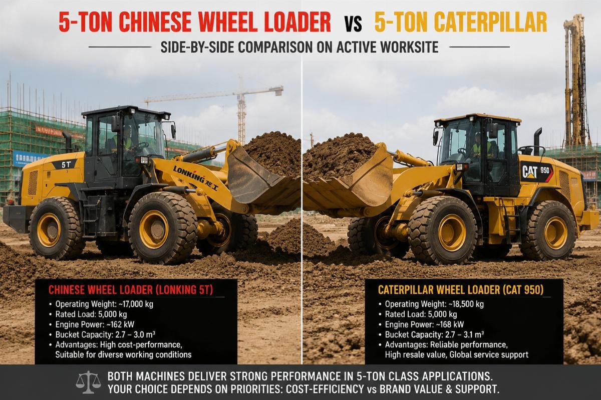 Chinese wheel loader vs Caterpillar on active worksite Side-by-side comparison of a 5-ton Chinese wheel loader and a 5-ton Caterpillar model working on a construction site