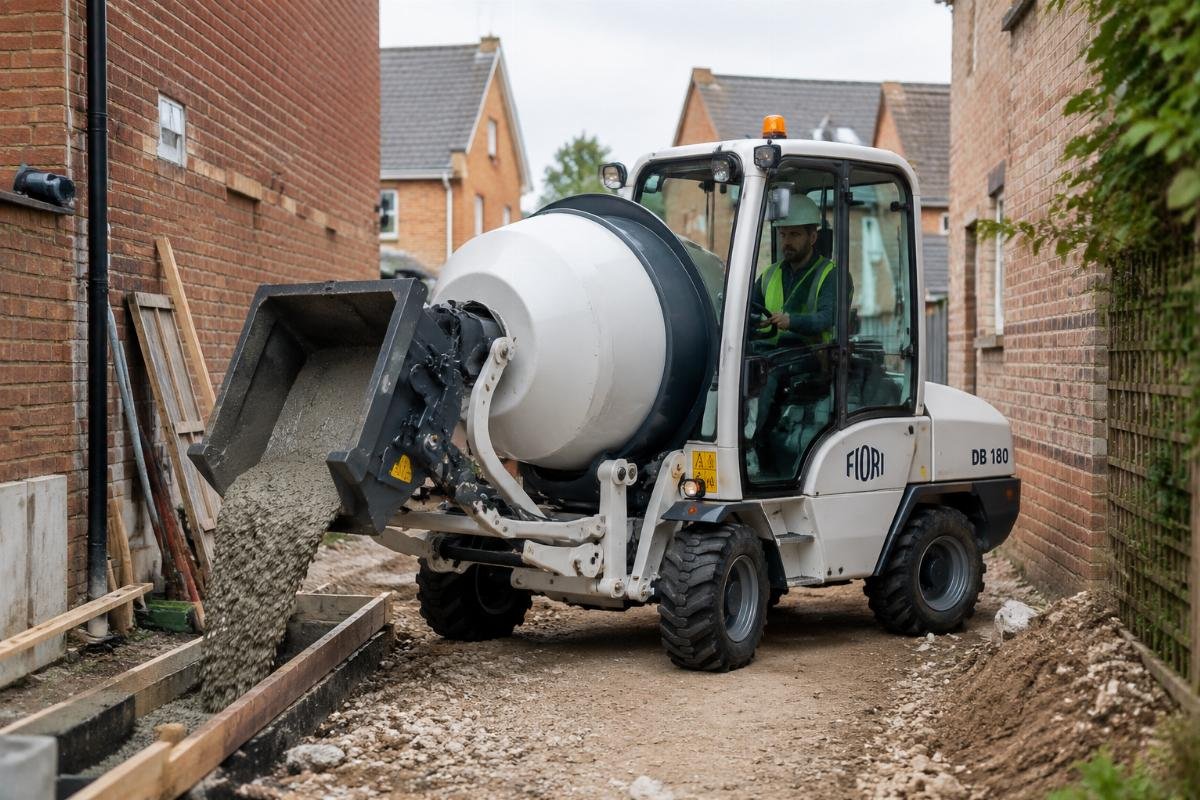 A compact self-loading concrete mixer operating in a narrow residential construction site with limited access