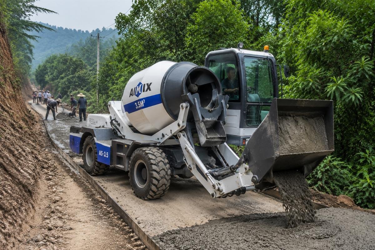 compact self loading mixer for road construction A 3.5 cubic meter compact self-loading concrete mixer working on a narrow rural road construction site