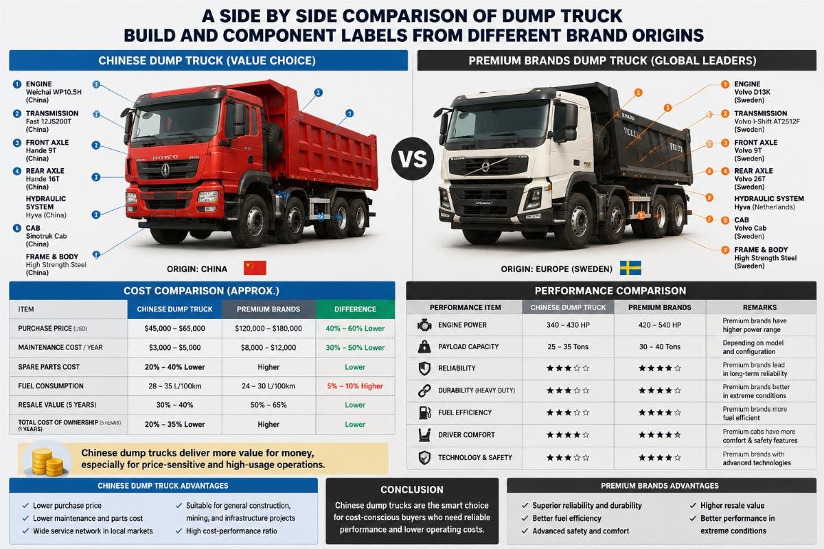 A side by side comparison of dump truck build and component labels from different brand origins