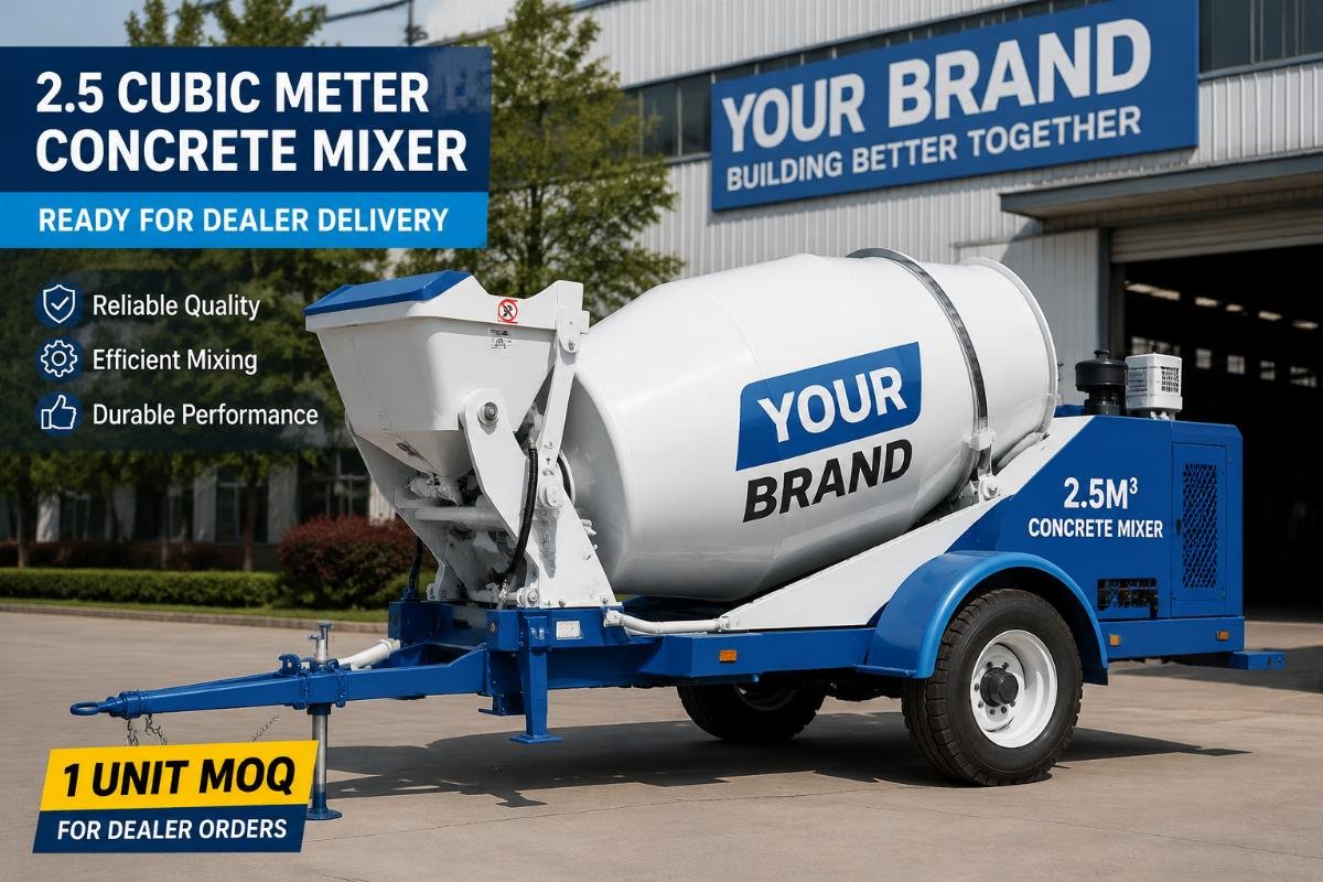 concrete mixer 1 unit MOQ for dealer orders Custom branded 2.5 cubic meter concrete mixers ready for dealer delivery