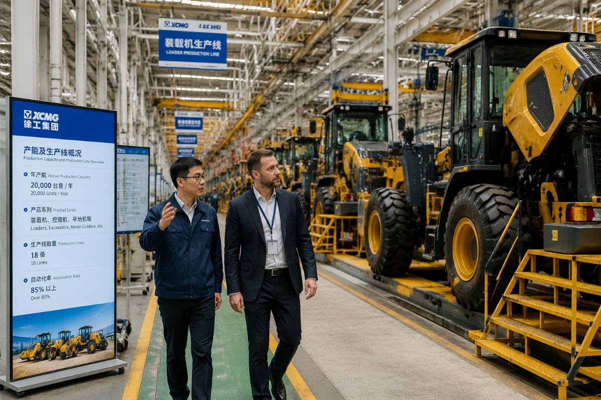 A production manager walking through a dedicated heavy equipment assembly line during a virtual tour