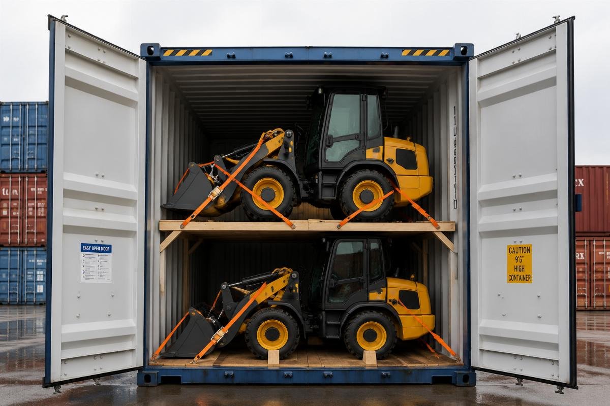 A standard 40ft high cube container loaded with compact wheel loaders, secured for ocean transit