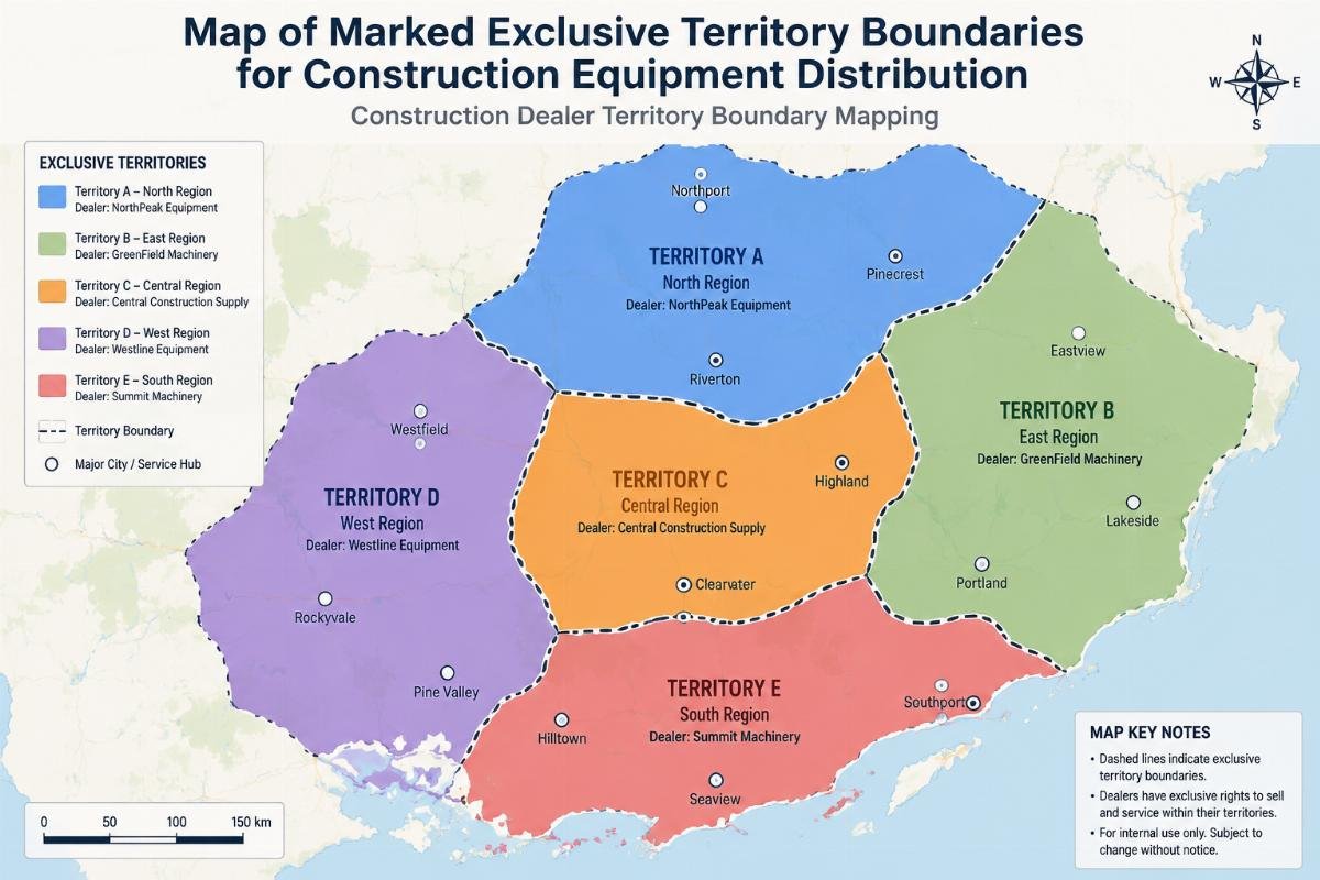 Map of marked exclusive territory boundaries for construction equipment distribution
