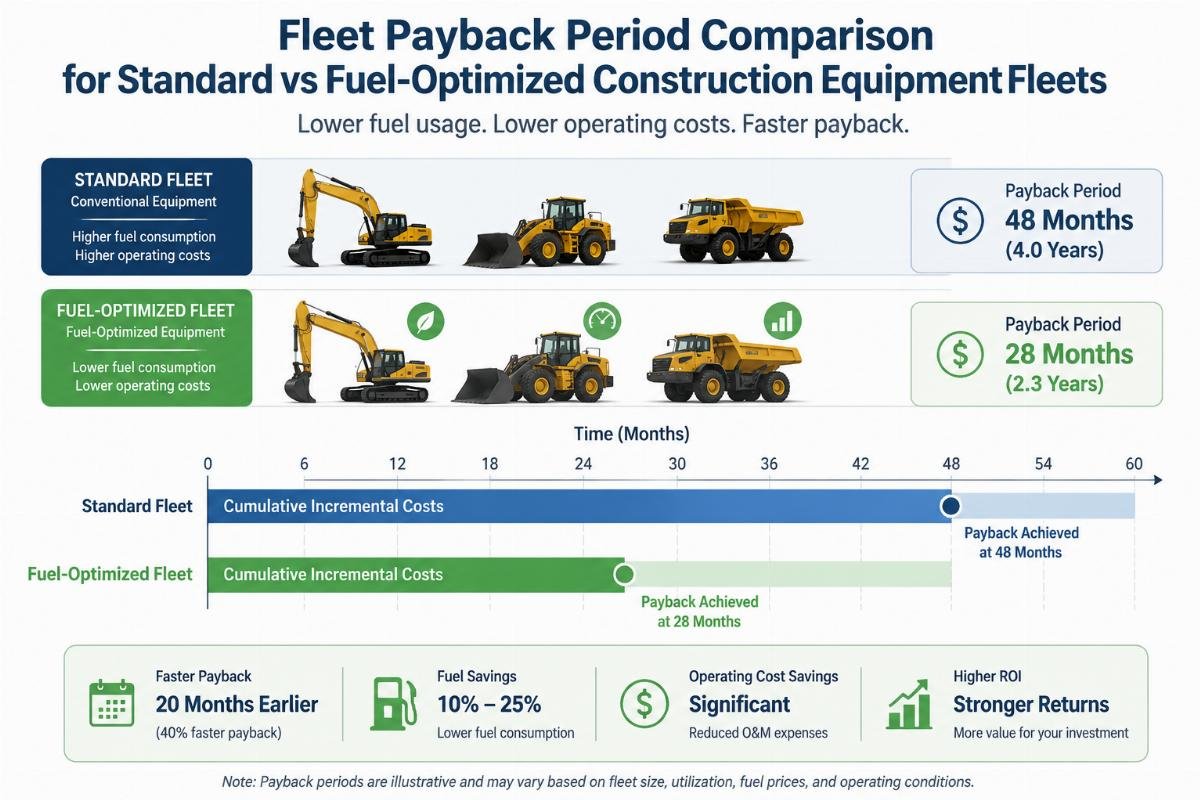 Fleet payback period comparison for standard vs fuel-optimized construction equipment fleets