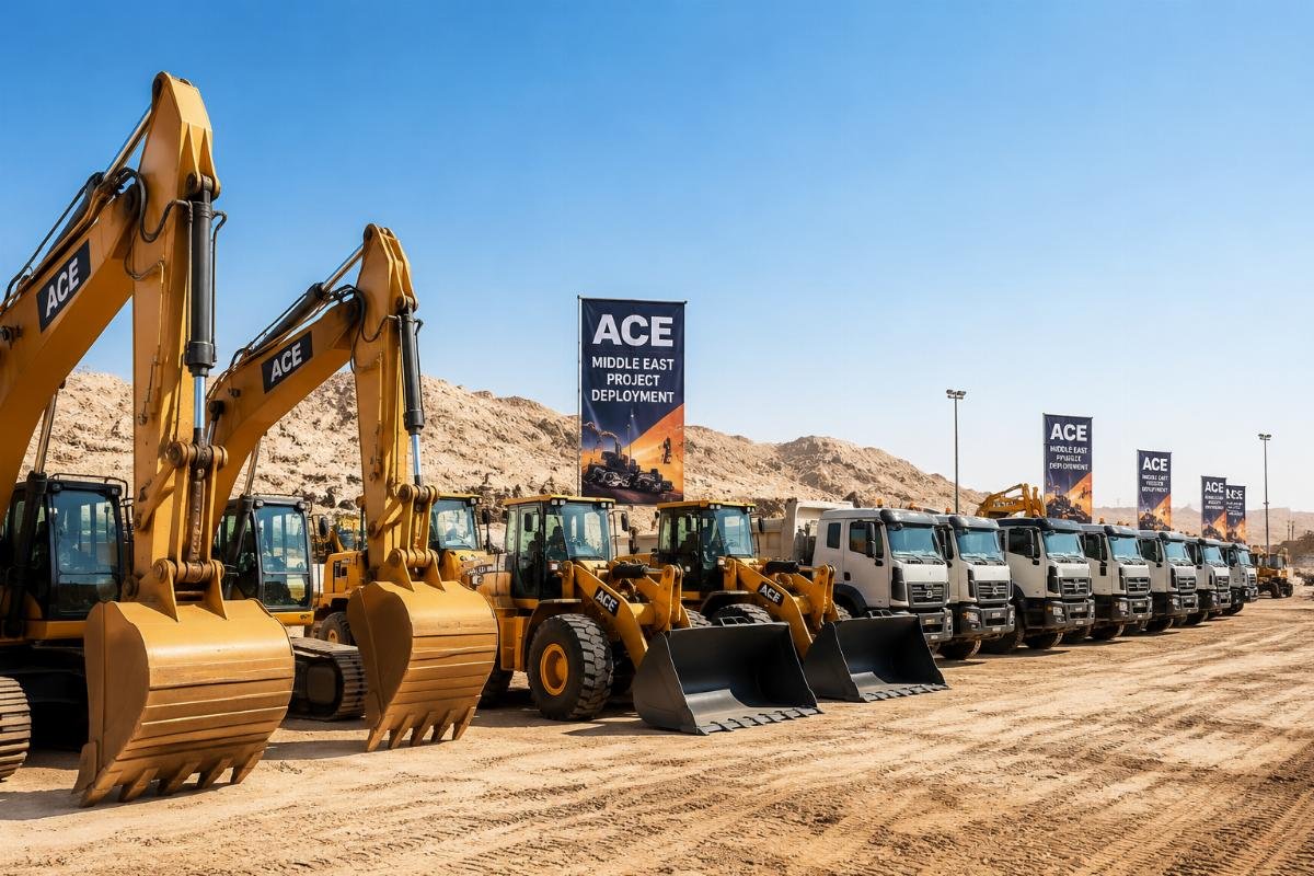 A fleet of custom construction equipment staged at a desert construction site