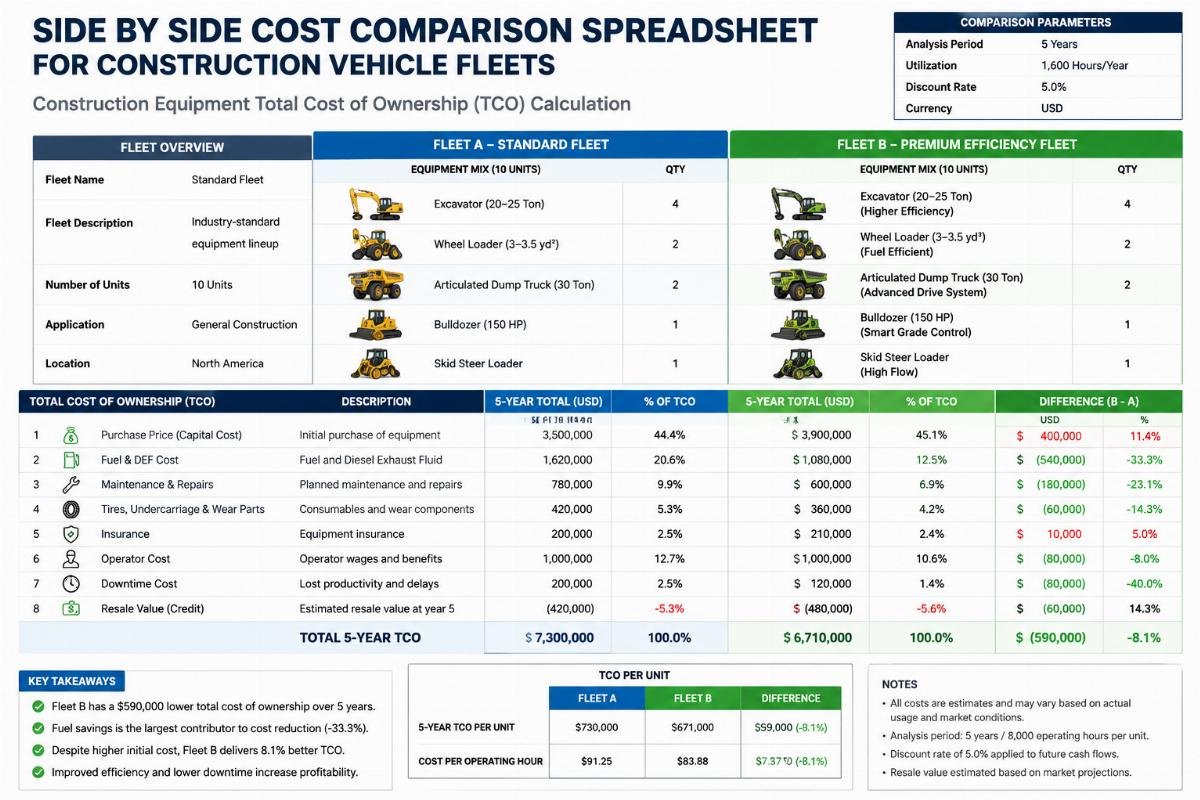 Side by side cost comparison spreadsheet for construction vehicle fleets