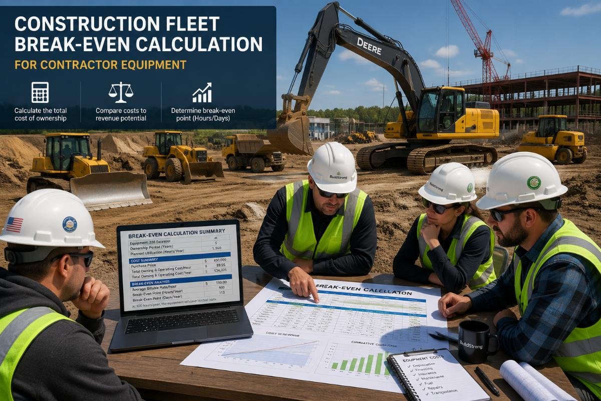 Construction fleet break-even calculation for contractor equipment A fleet of construction equipment on a job site with a team reviewing break-even calculation spreadsheets