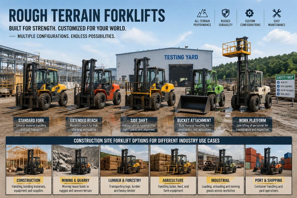 A series of rough terrain forklifts with different custom configurations displayed at a factory testing yard