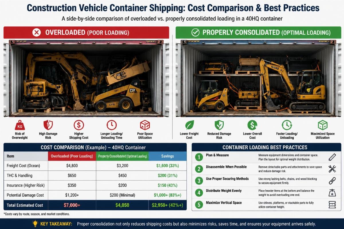 A side-by-side comparison of overloaded and properly consolidated construction equipment inside a 40HQ shipping container