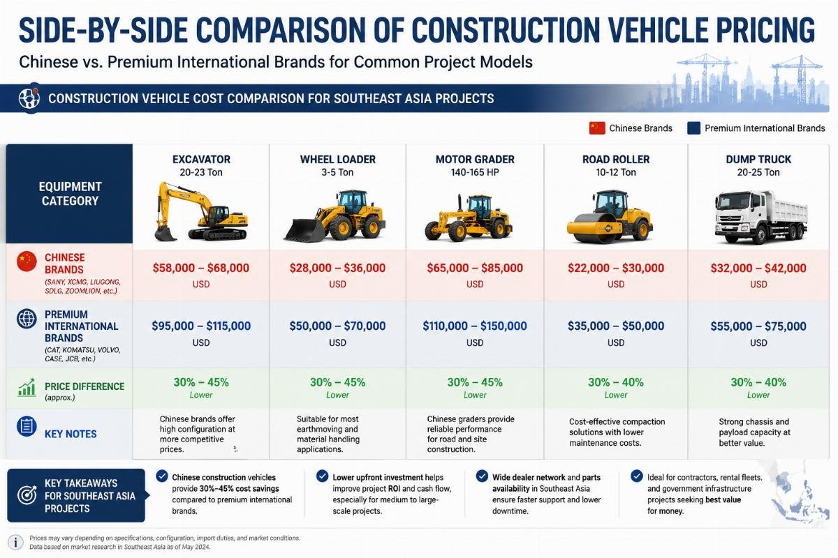Side-by-side comparison of construction vehicle pricing from Chinese and premium international brands for common project models