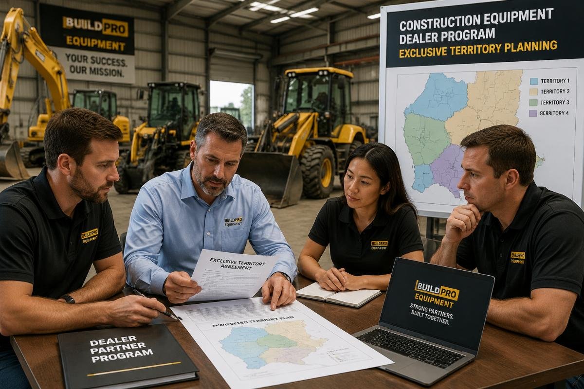 A construction equipment dealer team reviewing exclusive territory contract documents in a regional warehouse