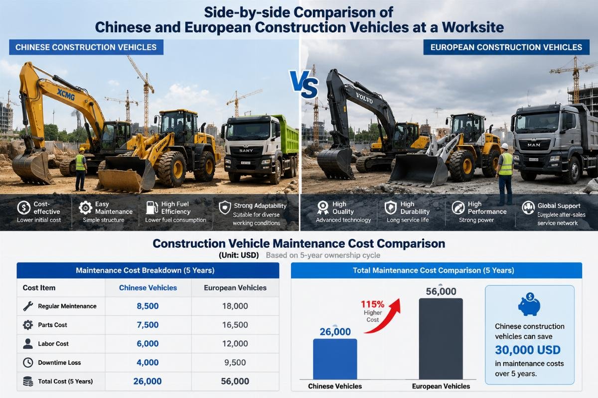 Side-by-side comparison of Chinese and European construction vehicles at a worksite