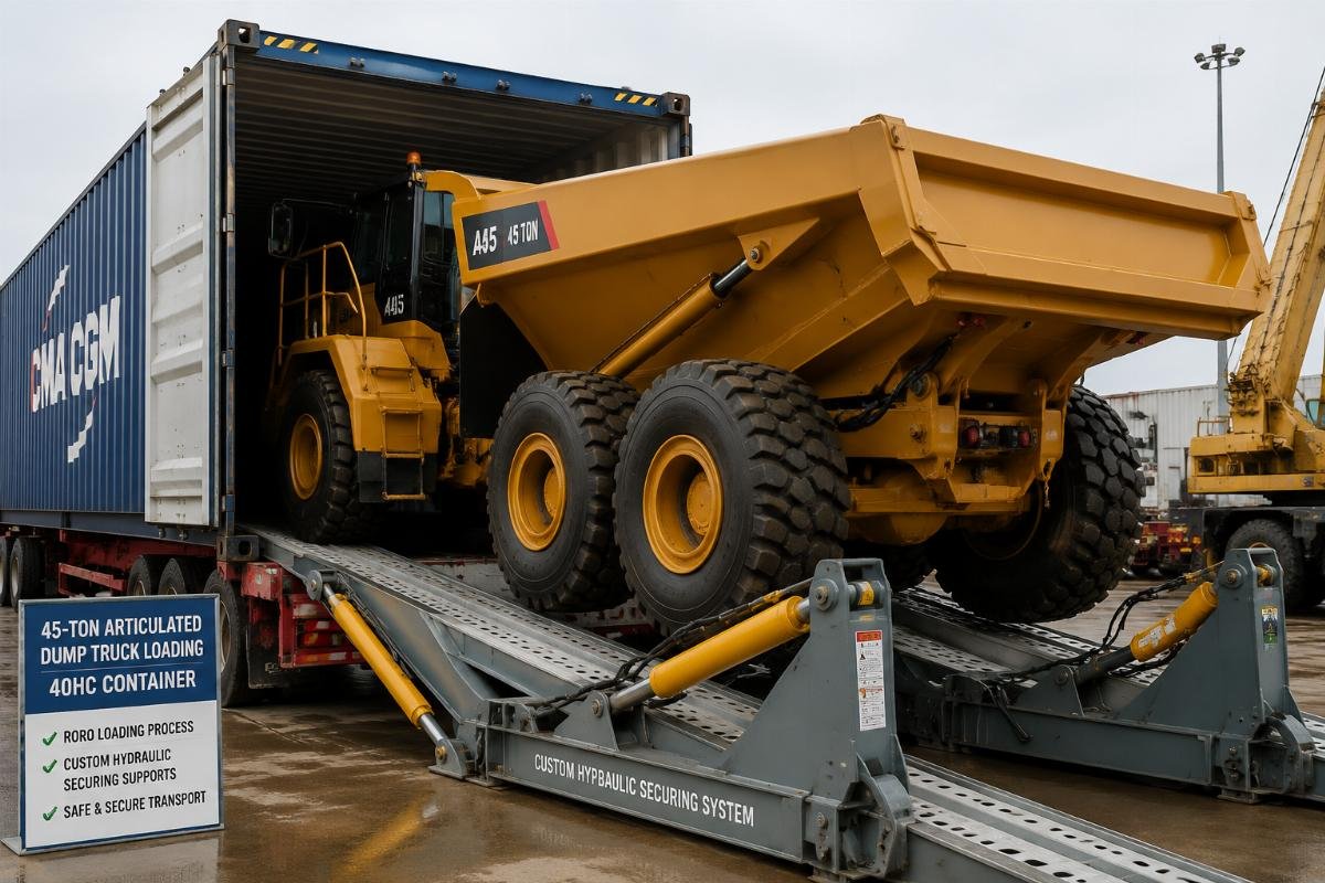 Construction vehicle RORO loading process for heavy equipment A 45-ton articulated dump truck being rolled into a 40HC container with custom hydraulic securing supports